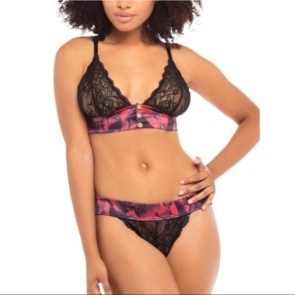 Oh La La Cheri NEW Stefania Lace & Rose Print Bra & Briefs Set Size S/M
